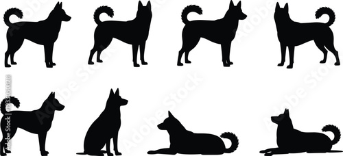 Silhouette illustration of eight dogs in various poses including standing, sitting, and lying down, symbolizing pet behavior, canine posture, animal design, and lifestyle concept