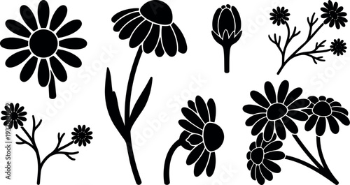 Flat design daisy silhouette set showing eight floral icons in black isolated on white clean vector composition minimalist decorative stems