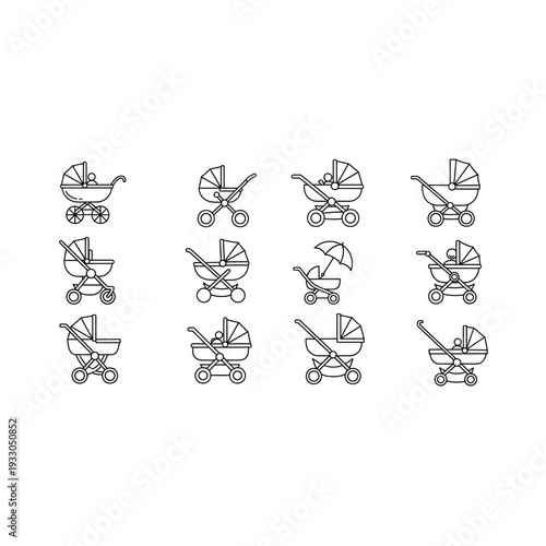 Modern Baby Stroller and Pram Line Icon Set