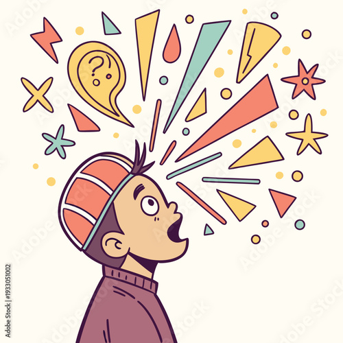a character whose head bursts into colorful geometric shapes and symbols, clean modern illustration, light background, include text ‘THINK BIGGER’