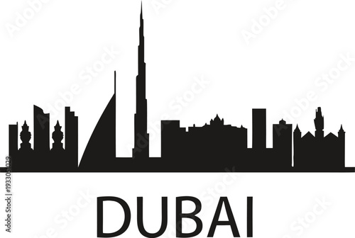 A striking black silhouette of the dubai skyline with city name