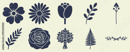 Floral Elements Vector Pack: Rose, Daisy, Tulip, Fern, Leaves, Botanical Silhouettes Flat Design