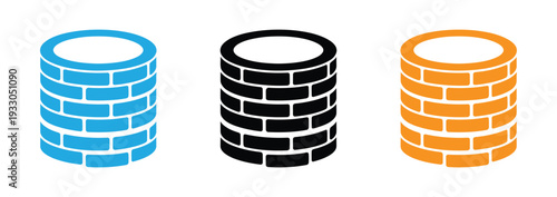 Circular brick wall well and masonry cylinder vector icon set
