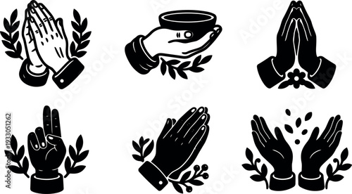 Tattoo flash vector set of praying and offering hands close up with laurel accents flat black silhouettes religious gesture icons