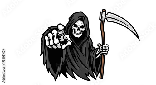 Grim Reaper Skeleton Holding Scythe Illustration.