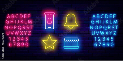 E-commerce neon icons set. Shop emblem,  delivery. Mobile app and laptop. Favorites and notifications. Online shopping. Web store. Glowing alphabet. Vector stock illustration