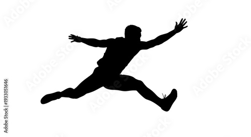 Silhouette of a person in mid-jump with arms outstretched and legs bent