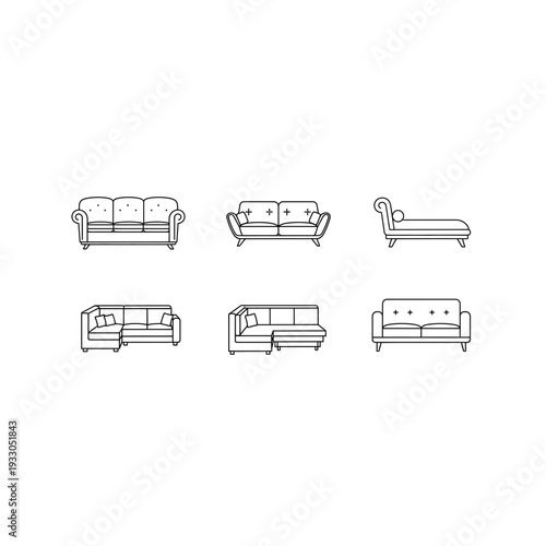 Outline Icons of Sofas and Chaise Lounges for Home Furnishing