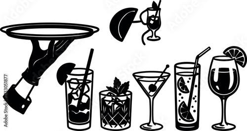 Flat design bar icons with waiter tray and six cocktail glasses in black silhouette close up overhead angle vector minimal