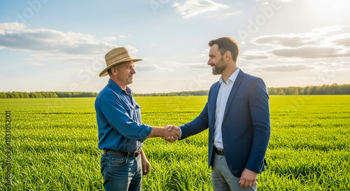 Business partners handshake in green wheat field at sunset collaboration success