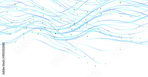 Abstract blue lines and green dots on a white background, creating a light and airy design. Perfect for digital art or a
