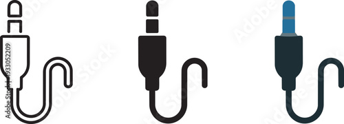 Audio jack vector icon set. sound jack in outline, glyph, and flat styles