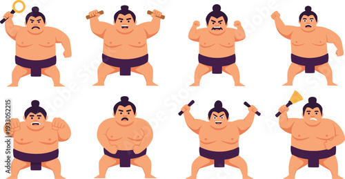 Japanese Sumo Wrestler Character Set with Strong Rikishi Poses, Traditional Mawashi, Martial Arts Pumping, and Action Gestures.