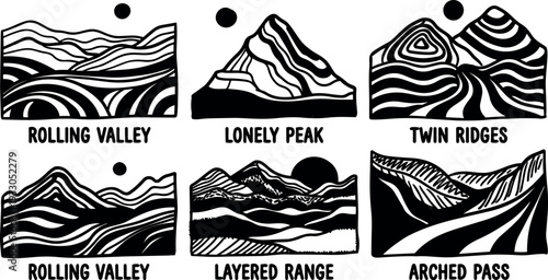 Linocut style bold black and white landscape badges showing rolling valley lonely peak twin ridges layered range arched pass vector