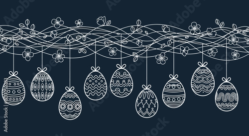 A collection of intricately designed Easter eggs hanging from a decorative vine against a dark background, viewed from a straightforward perspective.