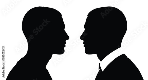 Two male profiles are depicted facing each other in a stark contrasting black graphic silhouette high quality professional detailed