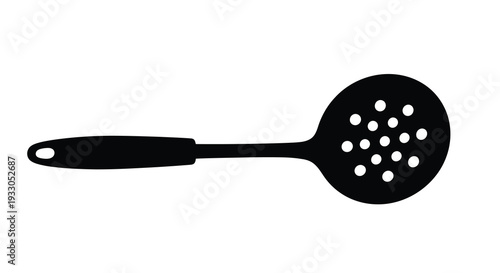 A stark black silhouette of a kitchen skimmer displaying a perforated bowl and handle on a white background silhouette