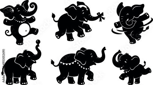Flat design playful elephant silhouettes six cute poses trunk up dancing walking balancing playing hula hoop vector art children decor