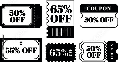 Flat design vintage coupon sheet with assorted perforated discount tickets showing bold percentage labels and barcode monochrome layout