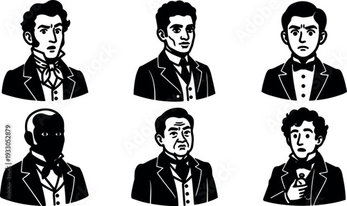 Line art vintage men portrait set six facial expressions in formal victorian suits busts black and white vector icons collection