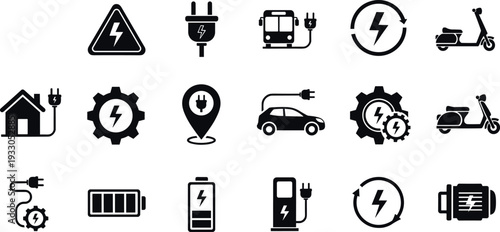 Electric vehicle charging icons vector set EV energy battery plug transport symbols isolated