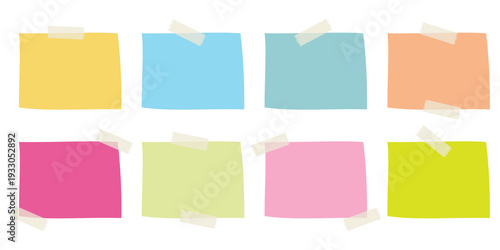 Colorful reminder notes with masking tape Sticky paper sheets with tape decoration set Pastel sticky memo papers isolated on background