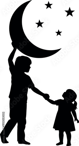 Silhouette of a child and adult holding a crescent moon under a starry sky