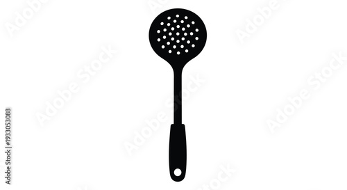 A stark black silhouette of a kitchen skimmer tool featuring a long handle and perforated bowl silhouette high quality