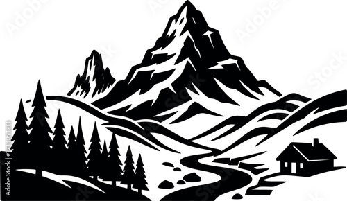 Silhouette vector mountain landscape with pine trees river cabin low angle composition black and white minimalist vintage iconic