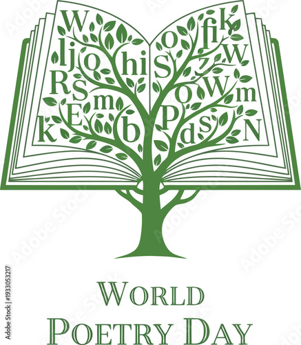 World Poetry Day vector illustration with open book, tree, and alphabet letters for literary celebration