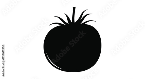 A stark black silhouette of a ripe tomato featuring stylized leaves provides a simple botanical illustration silhouette high quality