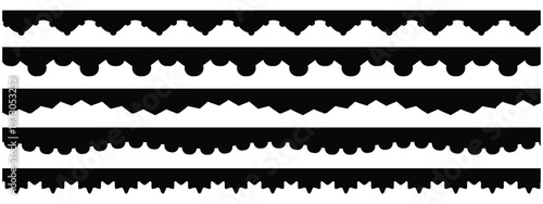 Scalloped edge seamless set. borders and dividers. Simple scalloped border. Repeat cute vintage frill ornament. stripe,tape collection isolated on white background.
