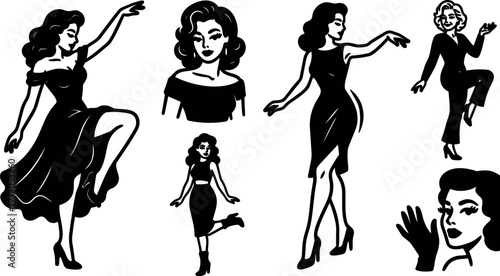 Vintage 1950s pinup vector silhouettes dance poses close up face profiles high heels flowing dress studio retro glamour bold ink