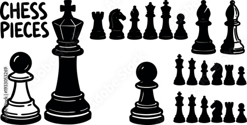 Flat vector close up chess pieces king and pawn black silhouettes arranged with multiple set views bold graphic detailed outline