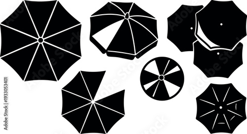 Minimalist top view black beach umbrellas grouped aerial layout vector art showing varied shapes angles and flat silhouettes bold graphic