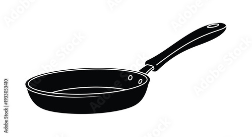 A simple black frying pan is depicted in a stark minimalist style creating a strong silhouette high quality professional
