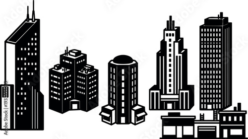 Minimalist vector city skyline with five distinct skyscraper icons front view black and white low angle facades