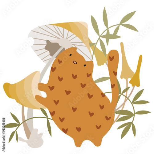 Adorable minimalistic vector illustration of a ginger cat with hearts leaning on a mushroom, surrounded by plants. Delicate orange-green color palette, clean lines, flat style. Perfect for stickers