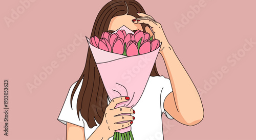 A young woman holding a bouquet of pink roses in front of her face, illustration, close-up view
