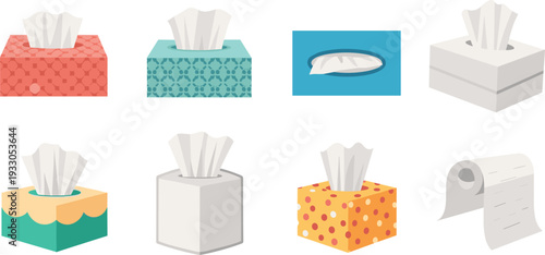 Tissue Paper Box Set with Facial Napkin Dispensers, Patterned Paper Boxes, Soft White Tissues, and Toilet Paper Roll Illustration.