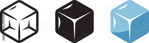 Ice cube icon set displaying geometric crystalline structure with outline and blue frozen design