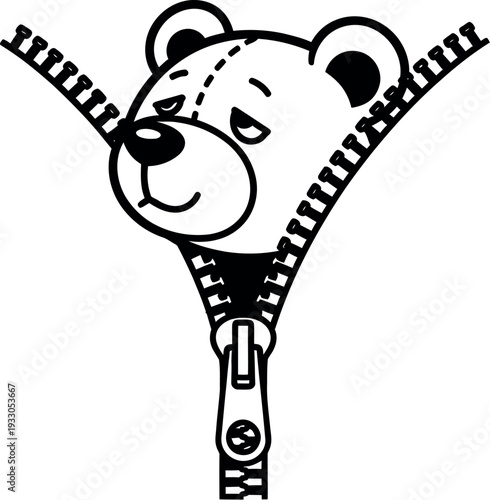 A cute cartoon bear with a zipper running through its face and body