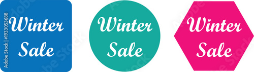 Winter Sale Promotional Badge Set with Round, Square and Hexagon Shapes in Colorful Flat Design for Seasonal Discount Marketing and Retail Advertising