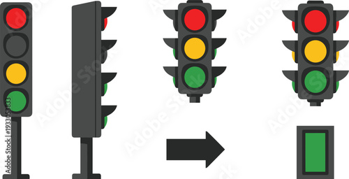 Traffic Light Icon Set with Red, Yellow, and Green Signals, Pedestrian Walk Sign, and Directional Arrow in Flat Vector Design.
