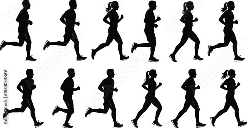 Running men and women silhouettes vector set, side view jogging fitness training motion isolated