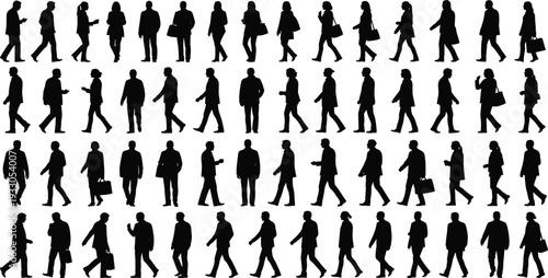 Silhouette collection of people in various active poses jumping sitting standing and dancing on white background,