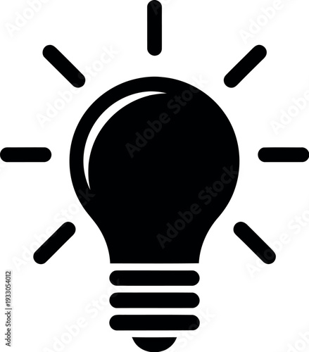 A black and white illustration of a light bulb with rays of light emanating from it