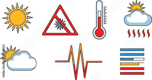 Weather Icon Set Featuring Sun, Cloud with Sun, Thermometer, Warning Sign, and Pulse Line Graphics in Flat Vector Design Style.