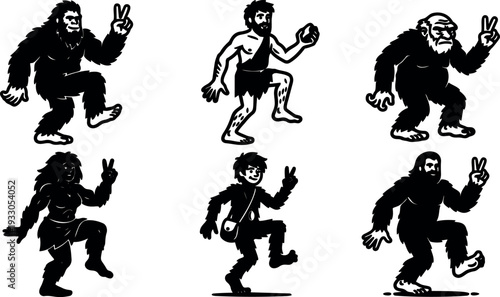 Vector art playful caveman and sasquatch characters in marching pose showing peace sign multiple variants in black silhouette line art