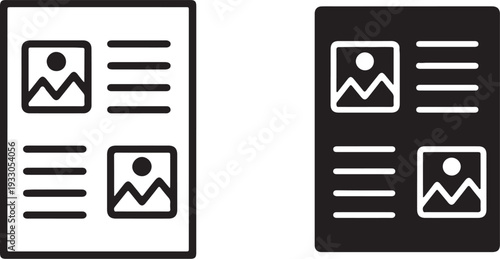 Simple black and white newspaper icon in stack design,News Article Layout Icon Set on white background